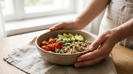 A delicious, healthy, and visually appealing buddha bowl. The hands carefully present the bowl filled with an assortment of vibrant and nutritious ingredients, placed on a linen napkin. 