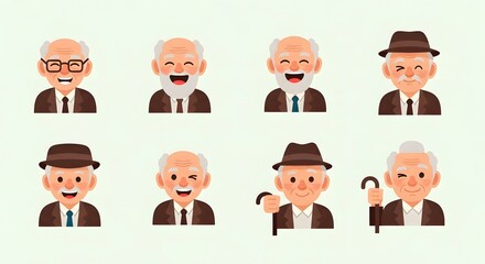 Fototapeta premium Collection of elderly man illustrations in various hats and accessories, showcasing different emotions and personalities on a light background.