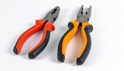 Two pairs of pliers with orange and yellow handles on white background.