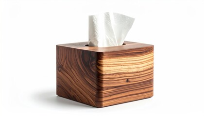 Wooden Tissue Box with Tissues on White Background.