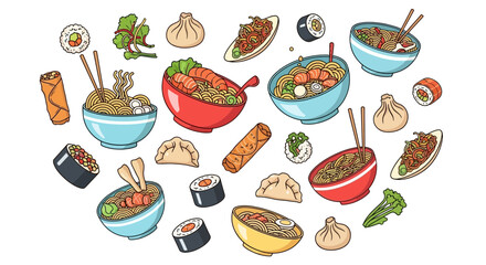 Variety of Asian Food Dishes and Ingredients.