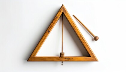Wooden Triangle Musical Instrument with Striker on White Background.