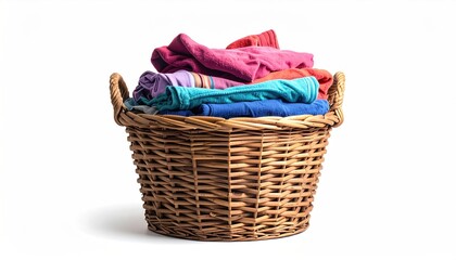 Wicker Laundry Basket Overflowing with Colorful Clothes on White Background.