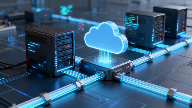 DevOps automation workflow: a radiant data flow connecting servers and cloud components.