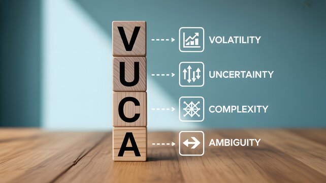 VUCA business concept with wooden blocks representing volatility, uncertainty, complexity, and ambiguity, strategic management illustration highlighting leadership challenges and decision-making