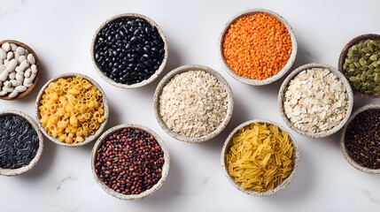 Healthy dry food assortment bowls for balanced nutrition