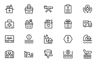 Fototapeta premium Disaster Risk and Humanitarian Aid Line Icon Set – Emergency, Relief and Crisis Management Outline Icons, Editable Stroke Vector