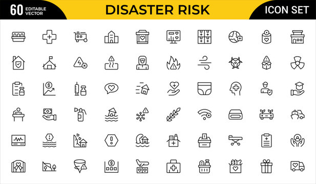 Disaster Risk and Humanitarian Aid Line Icon Set &ndash; Emergency, Relief and Crisis Management Outline Icons, Editable Stroke Vector