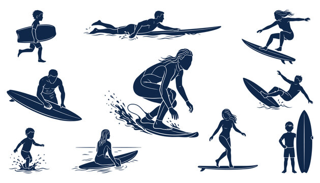 Dynamic Surfer Silhouettes Vector Collection of Beach and Water Sports