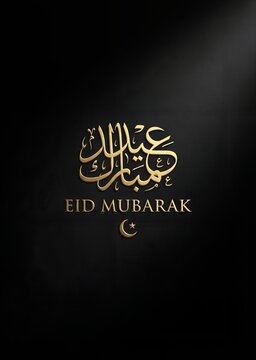 Elegant Gold Eid Mubarak Arabic Calligraphy with 3D Effect on Luxury Black Textured Background; Minimalist Islamic Greeting Card Design for Ramadan Kareem, Eid al-Fitr, and Eid al-Adha Poster