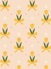 Obraz premium delicate spring pattern with yellow tulips and a beautiful bow on a pink background
