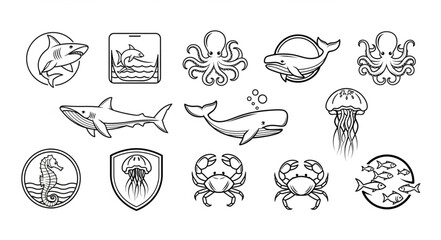 Collection of hand-drawn marine life icons and symbols. © Peri