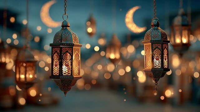 Ramadan Lanterns Hanging Under Crescent Moon.
