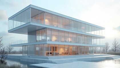 Obraz premium Modern three-story glass building exterior overlooks calm water with minimalist design. Bright interior shows sparse furniture. Bare trees surround structure on hazy day.