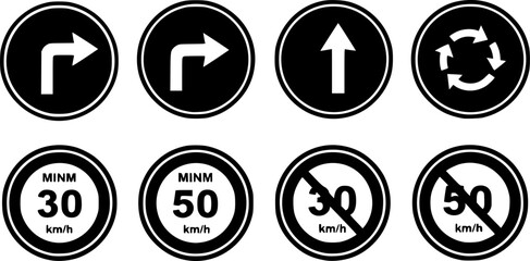 Fototapeta premium A collection of black and white road signs and traffic symbols on a white background 