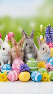 Group of cute easter bunnies with colorful egg decoration and spring flowers. Holiday fun concept for childrens greeting card.