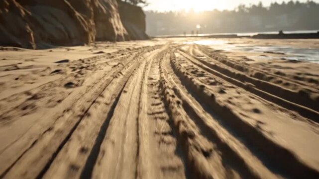 A dynamic, low-angle perspective captures the journey across sandy terrain, marked by clear, parallel tracks stretching into the golden light of either a sunrise or sunset. The warm glow bathes the sc