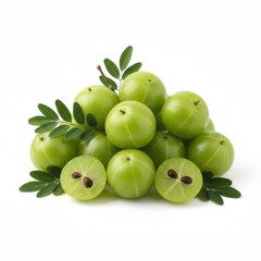 Obraz premium Heap of ripe green indian gooseberries amla fruits with fresh leaves, whole and cut halves showing seeds