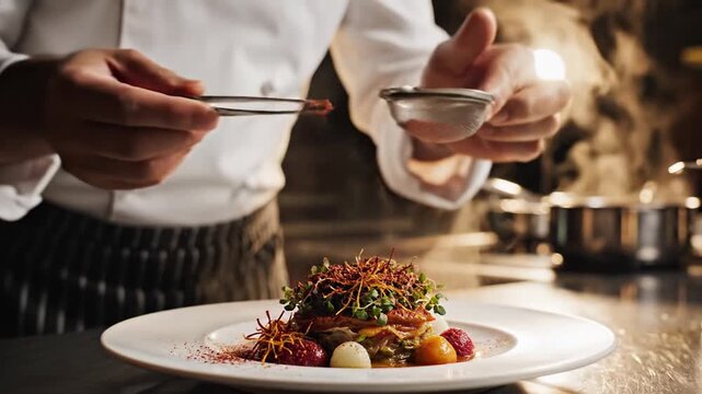 Chef's hands plating gourmet dish with tweezers in professional kitchen