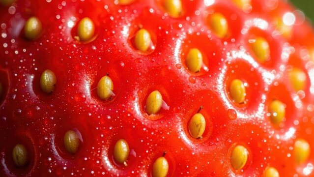 Close-up macro shot of a vibrant red strawberry surface, showing its textured skin, tiny yellow achenes, and glistening water droplets.