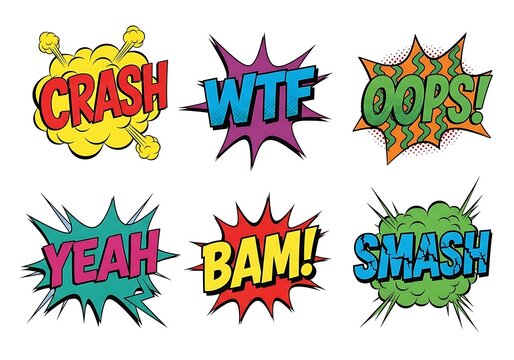Collection of colorful comic-style exclamation speech bubbles with impactful words