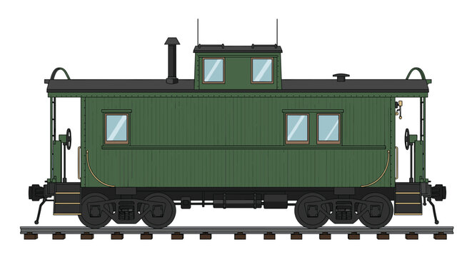 Side view illustration of a classic green wooden railroad caboose car from a vintage freight train, sitting on railway tracks.