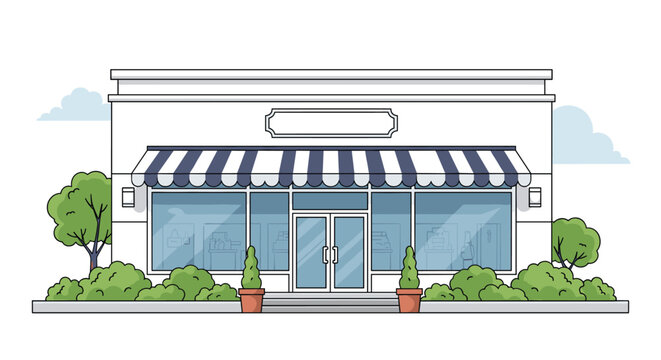 Front view line art illustration of a charming local shop or boutique storefront with a striped awning and large display windows.