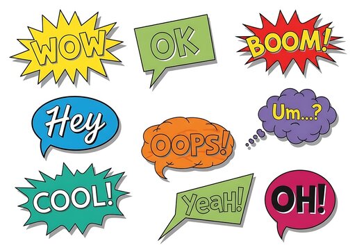 Colorful speech bubbles with various expressive words and phrases