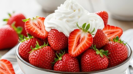 Fresh red strawberries with a dollop of white whipped cream in a ceramic bowl.