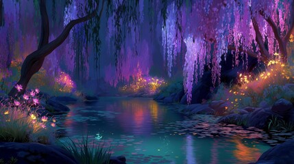 Naklejka premium Artful ethereal landscape of a quiet river flowing beneath cascading wisteria blossom trees, soft mist and mysterious light creating a dreamlike, poetic atmosphere.