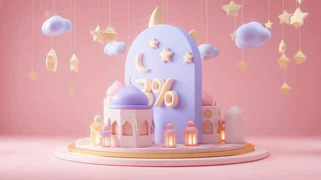 3D Rendered Islamic Cityscape with Percentage Symbol.