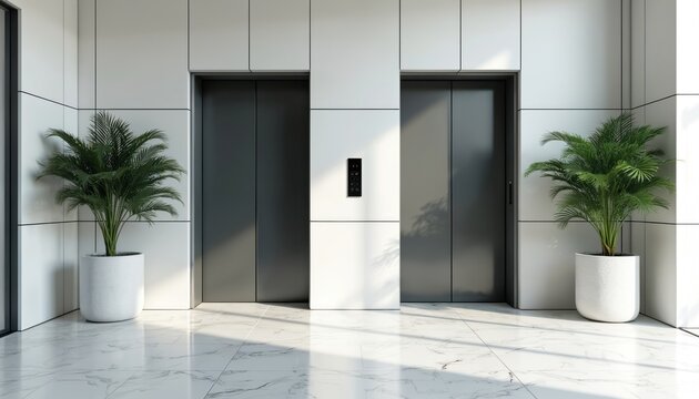 Modern elevator lobby with two dark elevators and potted plants. White walls and marble floor create clean, minimalist look. Natural light casts shadows, adding depth to the space.