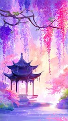 Obraz premium artful illustration, ancient Chinese style pavilion under wisteria blossom tree dreamy ethereal landscape 