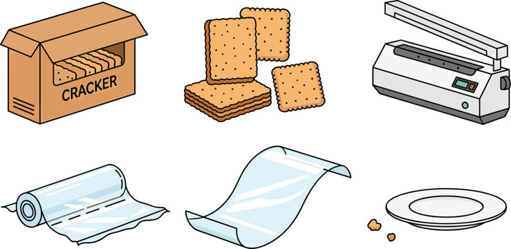 Crackers and food packaging set, flat vector illustrations with cardboard cracker box, stack of biscuits, heat sealer machine and plastic wrap roll isolated on white background.