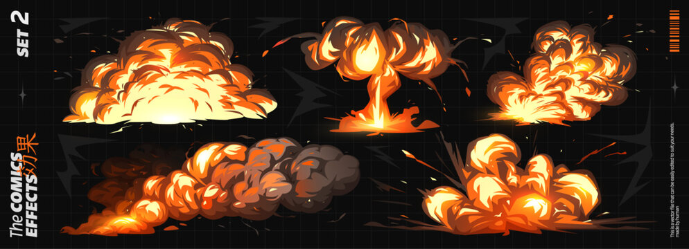 Comic Effect and Explosion with Smoke Background for Magic Bomb or Explosive Special. Anime Cartoon Explode with Fire Game Cloud and Flame in A Boom Ball Burst. Vector Art Blast Impact