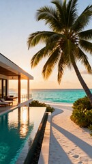 Bright sunset over the ocean with palm trees beside a pool at a tropical beach resort