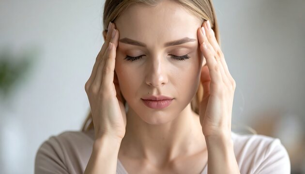 Young woman touching temples with closed eyes representing stress migraine and mental overload in modern lifestyle context