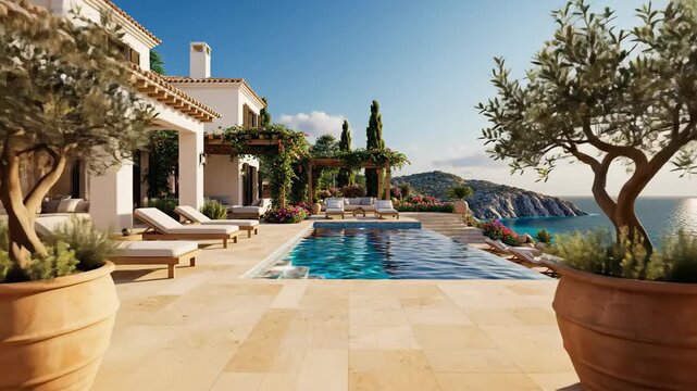 Sunlit Mediterranean Villa Pool Terrace Overlooking Sea Views.