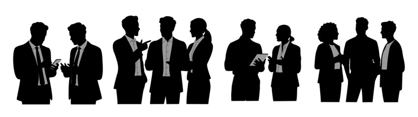 Row of eight business silhouettes using smartphones and tablets, captured in bold black against white, highlighting modern corporate communication and teamwork.
