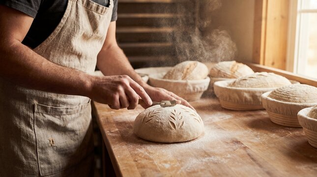 Boulanger artisan scarifiant des motifs sur un pain au levain