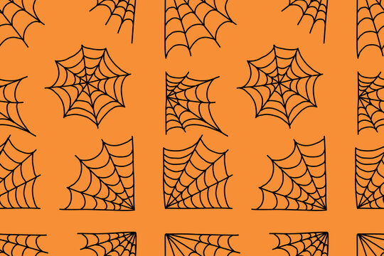 Halloween Spider Web Seamless Pattern on Orange Background