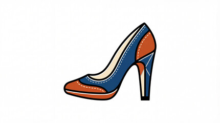 Stylish High Heel Shoe with Blue and Orange Design.