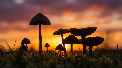 Silhouette of Mushrooms Against a Vibrant Sunset Sky.