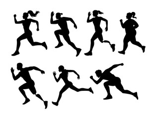Fototapeta premium Set of seven black running silhouettes featuring diverse men and women, including an athlete with a prosthetic leg, isolated on transparent background in dynamic motion poses.