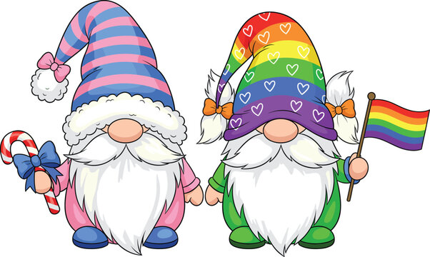 Colorful Pride Gnome Characters Vector Illustration with Rainbow Hat Hearts Candy Cane and Flag, Cute Fantasy Cartoon for LGBTQ Celebration Design