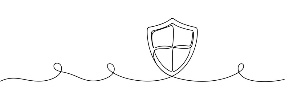 Continuous line drawing of shield symbolizing security and protection. No editable stroke