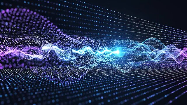 Dynamic digital particle background with glowing dots forming waves 