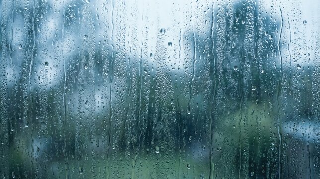 Selective focus on window condensation and wet frame concept. Rain droplets on glass create a serene, blurred outdoor view.