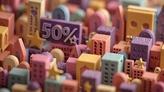 Colorful Miniature Cityscape with 50 Percent Sale Sign.