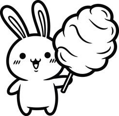 Obraz premium Cute happy bunny character holding sweet fluffy cotton candy dessert. Vector illustration